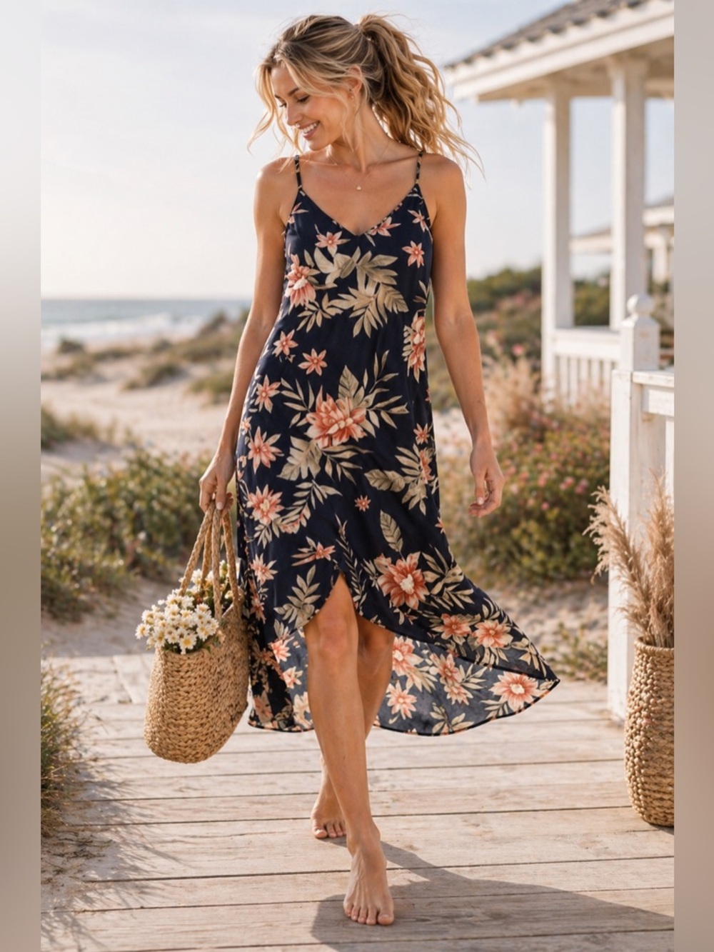 Billabong Floral High Low Maxi Dress | Tropical Print Slip Dress Coastal Summer